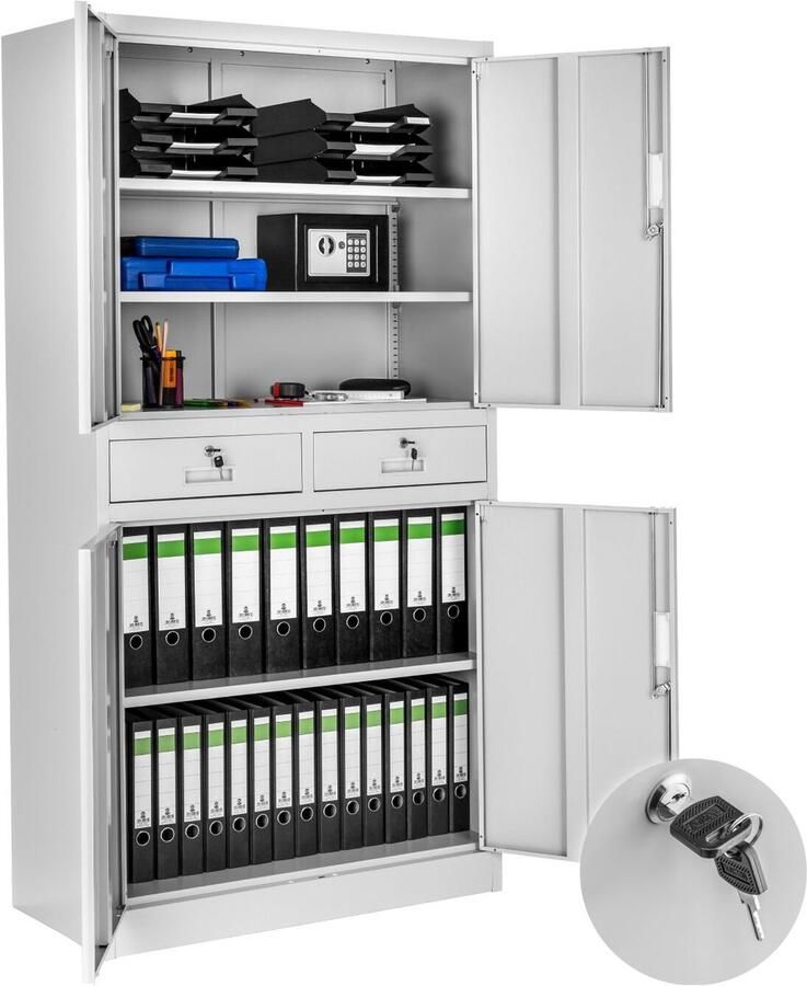Tectake Archiefkast 2 kastdelen met afsluitbare deuren 2 afsluitbare lades Eenvoudige montage Ruime constructie Vleugeldeuren 4 Deuren Afmeting (HxBxD) 180x80x40 cm Grijs