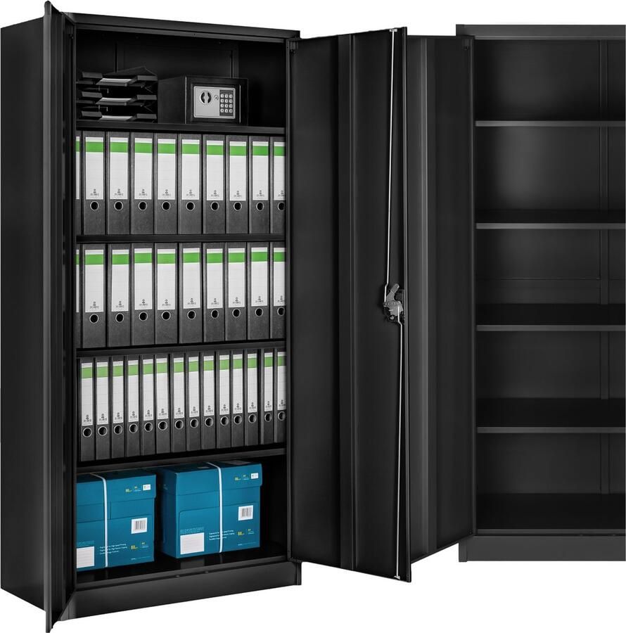Tectake Archiefkast Kantoorkast afsluitbaar Multifunctionele kast van staal Universele kast met 2 deuren 4 in hoogte verstelbare planken Afsluitbaar met veiligheidscilinderslot Afmeting (LxBxH) 180 x 90 x 40 cm Zwart - Foto 2