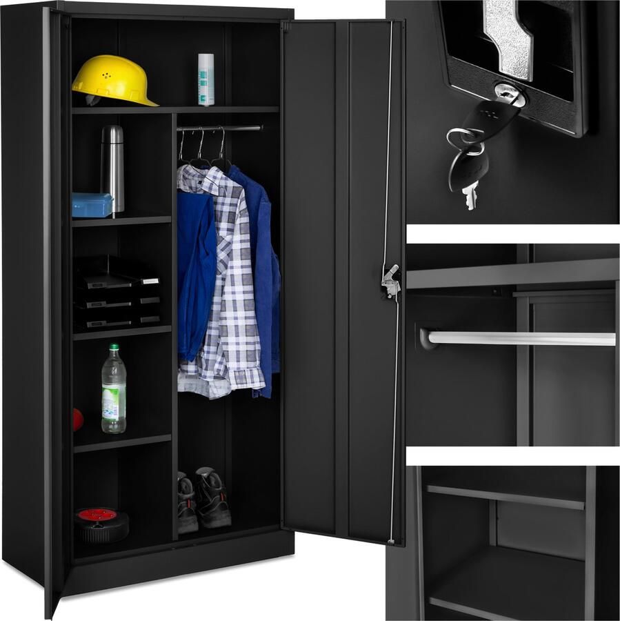 Tectake Archiefkast lockerkast multifunctionele kast kledingkast met kledingroede kast met 6 vakken afsluitbare archiefkast gepoedercoat staal incl. planken 180x80x40cm zwart - Foto 2