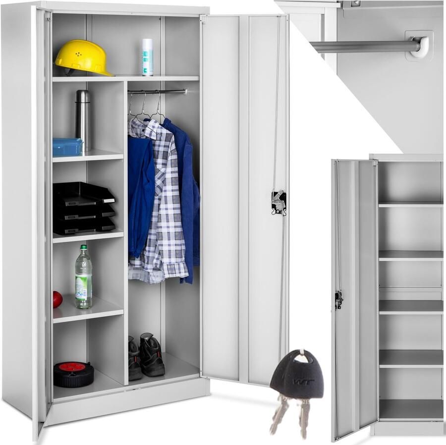 Tectake Archiefkast Lockerkast Multifunctionele kast Kledingkast met kledingroede Huishoudkast met 6 vakken Afsluitbare archiefkast incl. Planken 180x80x40cm div kleuren (grijs) - Foto 2