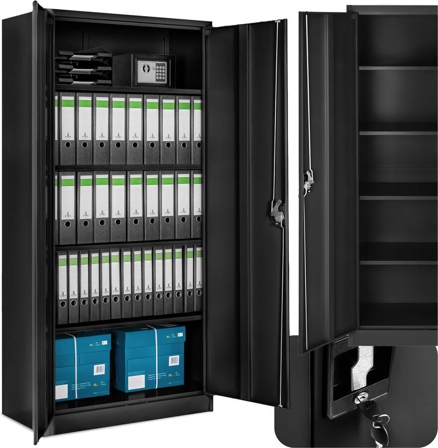 Tectake Archiefkast Kantoorkast afsluitbaar Multifunctionele kast van staal Universele kast met 2 deuren 5 in hoogte verstelbare planken Afsluitbaar met veiligheidscilinderslot Afmeting (LxBxH) 180 x 80 x 40 cm Zwart - Foto 2