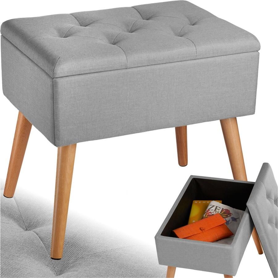Tectake Bankje met opbergruimte Gevoerde zitting Afneembare deksel Praktisch opbergvak Houten poten met viltglijders Bankje in linnenlook Tot 300 kg belastbaar Afmeting (LxBxH) 51 x 37 5 x 45 5 cm Grijs