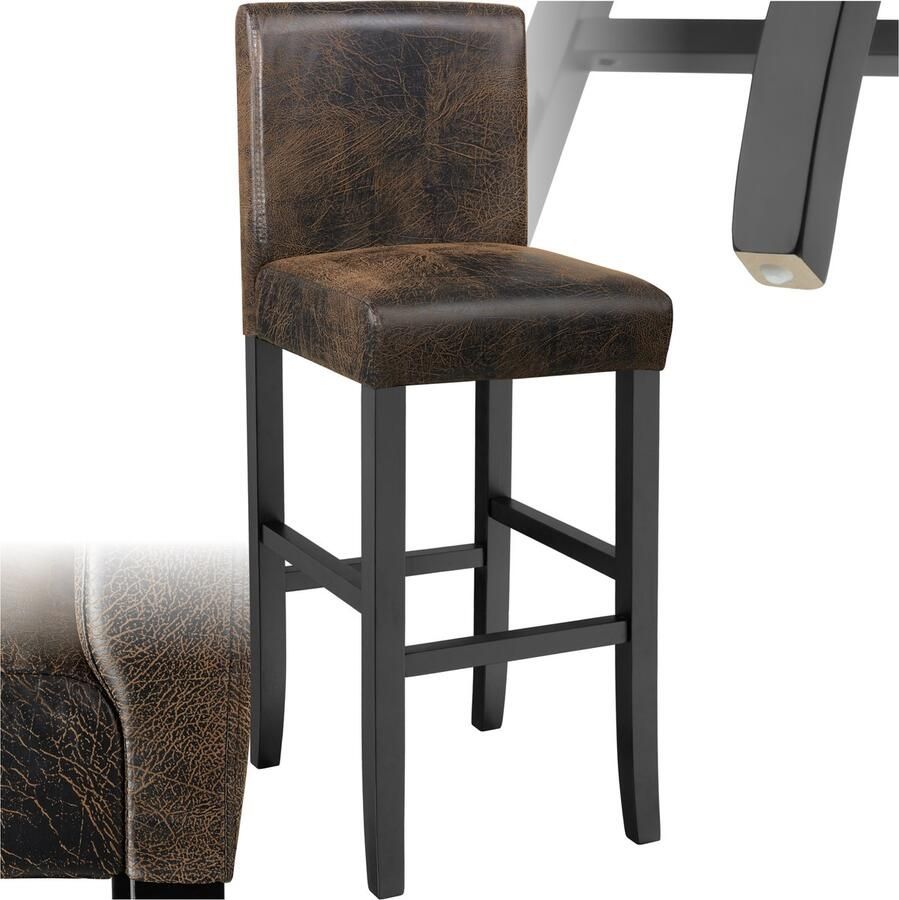 Tectake Barkruk met Rugleuning Gestoffeerde Barkruk Zithoogte 76 cm Stoelpoten van Massief Hout Barstoel met Voetsteun Kruk met Kunstleren Bekleding Ergonomische Vorm Barstoelen voor Keuken & Bar Eetkamerstoel Antiek Bruin - Foto 2