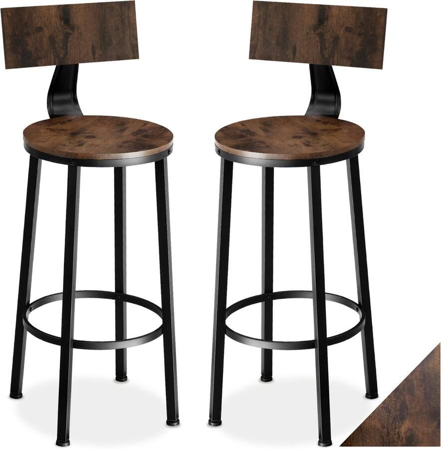 Tectake Barkruk Ronde bistrokruk Vintage barstoel met voetsteun en rugleuning Zitting van MDF-hout Industrieel design Zwart metalen frame Draagkracht kruk 120 kg Afmeting (LxBxH) 46 5 x 104 cm Set van 2 Donkerbruin