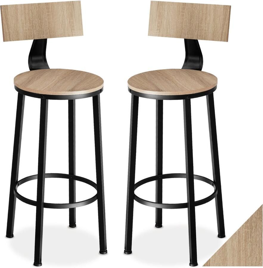 Tectake Barkruk Ronde bistrokruk Vintage barstoel met voetsteun en rugleuning Zitting van MDF-hout Industrieel design Zwart metalen frame Draagkracht kruk 120 kg Afmeting (LxBxH) 46 5 x 104 cm Set van 2 Lichtbruin