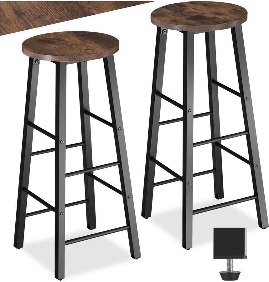 Tectake Barkruk Ronde Bistrokruk Vintage barstoelen met voetsteun Zitting van MDF-hout Industrieel design Zwart metalen frame Draagkracht kruk 120 kg Afmeting (LxBxH) 31 x 31 x 72 5 cm Set van 2 Donkerbruin