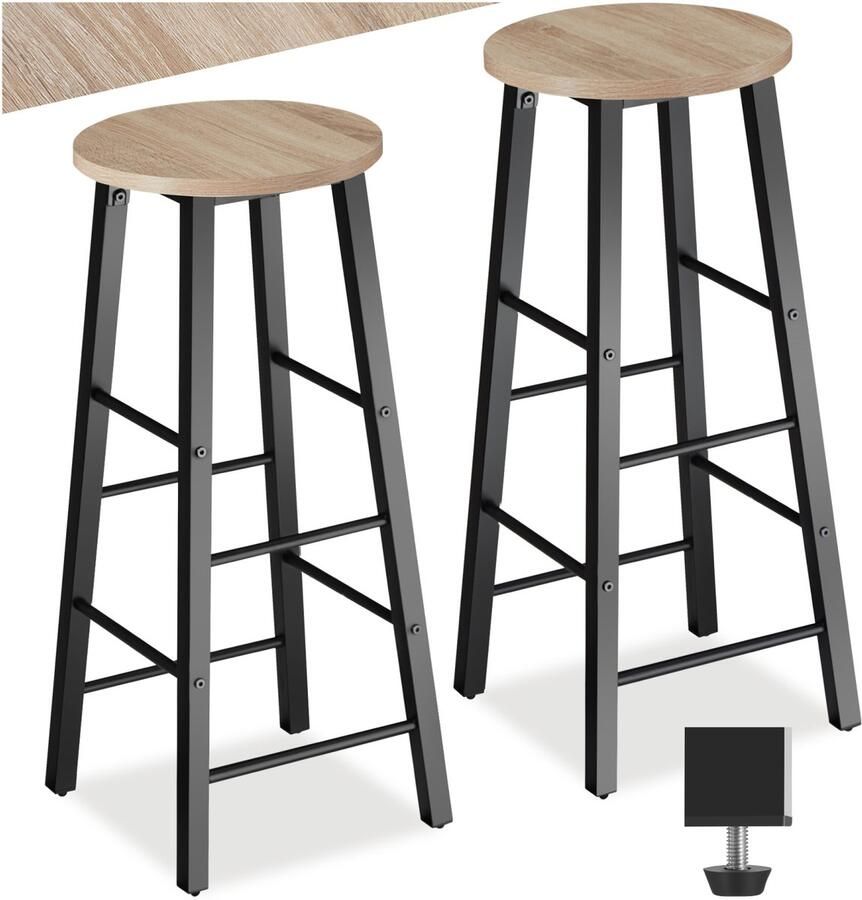 Tectake Barkruk Ronde Bistrokruk Vintage barstoelen met voetsteun Zitting van MDF-hout Industrieel design Zwart metalen frame Draagkracht kruk 120 kg Afmeting (LxBxH) 31 x 31 x 72 5 cm Set van 2 Lichtbruin