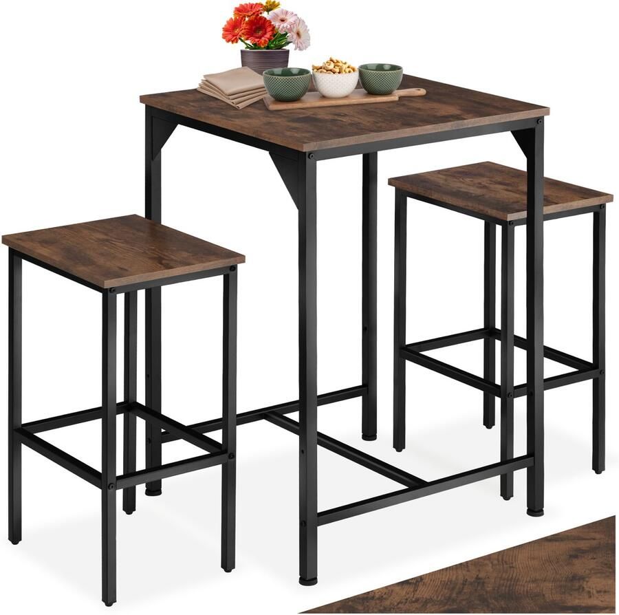 Tectake Bartafelset 3-delig Bartafel met 2 barkrukken Bistro bartafel met kruk Industrieel Design Zwart metalen frame Draagkracht tafel 75 kg kruk 120 kg Afmeting (LxBxH) tafel 60 x 60 x 91 cm kruk 40 x 30 x 66 cm Donkerbruin