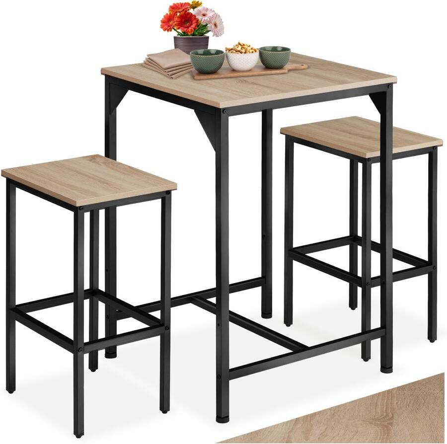 Tectake Bartafelset 3-delig Bartafel met 2 barkrukken Bistro bartafel met kruk Industrieel Design Zwart metalen frame Draagkracht tafel 75 kg kruk 120 kg Afmeting (LxBxH) tafel 60 x 60 x 91 cm kruk 40 x 30 x 66 cm Lichtbruin