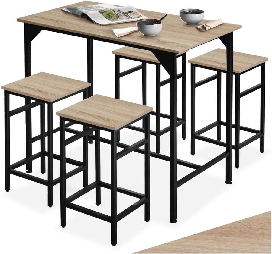 Tectake Bartafelset 5-delig Bartafel met 4 barkrukken Bistro bartafel met kruk Industrieel design Zwart metalen frame Draagkracht tafel 75 kg kruk 150 kg Afmeting (LxBxH) tafel 100 x 60 x 88 5 cm kruk 32 x 32 x 58 cm Lichtbruin