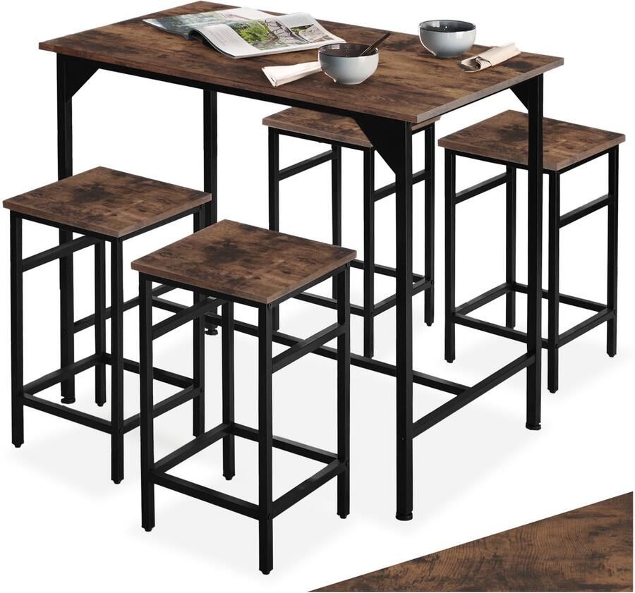 Tectake Bartafelset 5-delig Bartafel met 4 barkrukken Bistro bartafel met kruk Industrieel design Zwart metalen frame Draagkracht tafel 75 kg kruk 150 kg Afmeting (LxBxH) tafel 100 x 60 x 88 5 cm kruk 32 x 32 x 58 cm Donkerbruin