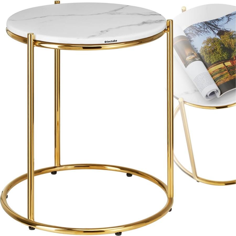 Tectake Bijzettafel Ellsa Marmeren Blad 43 x 43 x 50 5 cm Wit Goud Koffietafel Salontafel Tafeltje voor Woonkamer Slaapkamer of Kantoor Draagkracht 12kg Banktafel Bedtafel