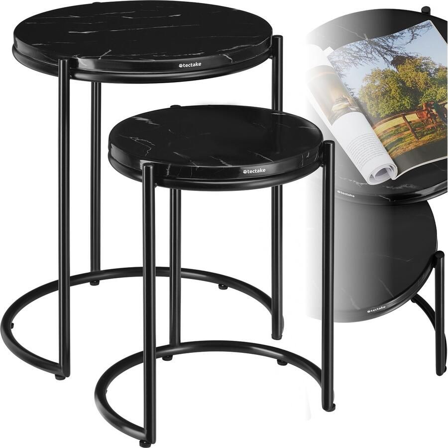Tectake Bijzettafel Ellsa Set van 2 in elkaar schuifbare Bijzettafels met Marmeren Blad 43 x 50 5 en 33 x 40 5 cm Zwart Zwart Salontafel Bedtafel Draagkracht 12kg per Tafel