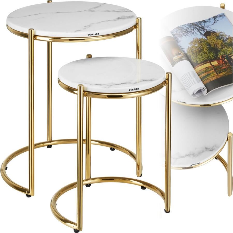 Tectake Bijzettafel Ellsa Set van 2 in elkaar schuifbare Bijzettafels met Marmeren Blad 43 x 50 5 en 33 x 40 5 cm Wit Goud Salontafel Bedtafel Draagkracht 12kg per Tafel