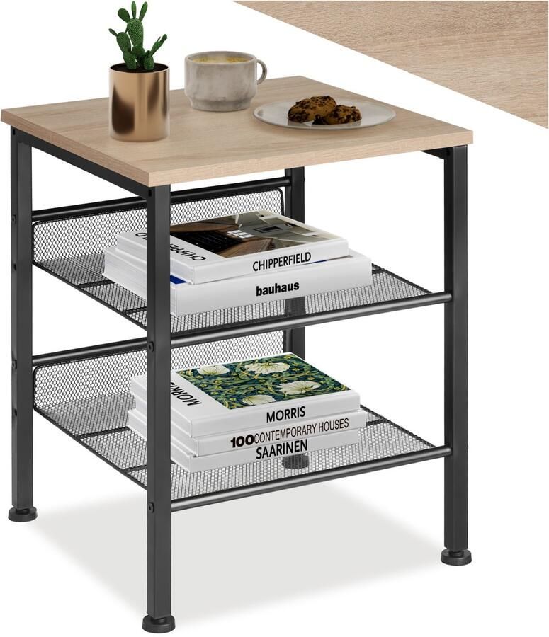 Tectake Bijzettafel met 1 plank en 2 roosterplanken Nachtkastje in industrieel design Voor woonkamer slaapkamer kantoor hal Eenvoudige montage Zwart metalen frame Afmeting (LxBxH) 40 5 x 40 x 50 5 cm Lichtbruin - Foto 2