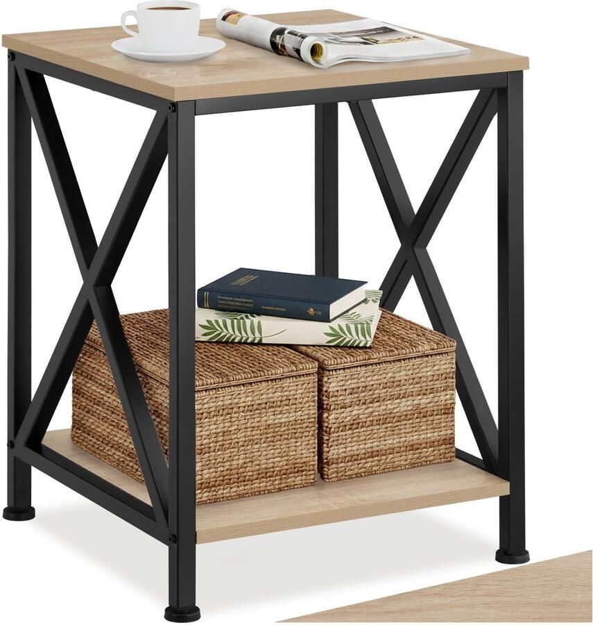 Tectake Bijzettafel met 2 Niveaus – Nachtkastje van Hout en Metaal X-Vormige Spijlen Industrieel Design Vintage Salontafel Zwart Metalen Frame – Licht Sonoma Eiken