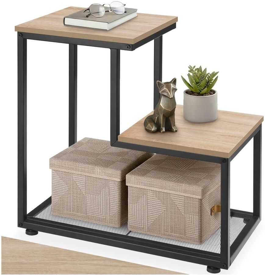 Tectake Bijzettafel met 2 planken en roosterplank Nachtkastje in industrieel design Voor woonkamer slaapkamer kantoor hal Eenvoudige montage Zwart metalen frame Afmeting (LxBxH) 60 5 x 35 5 x 60 5 cm Lichtbruin