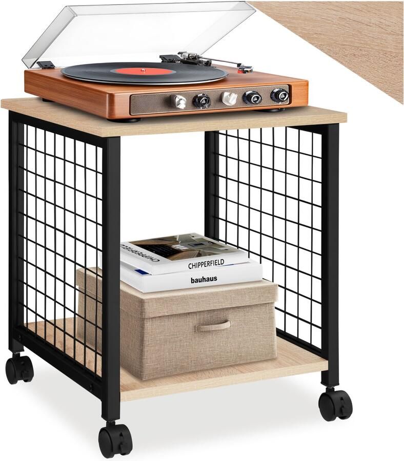 Tectake bijzettafel met 2 planken en wielen nachtkastje in industrieel design 40 x 40 x 48 cm voor woonkamer slaapkamer kantoor zwart metalen frame (industrieel lichtbruin )