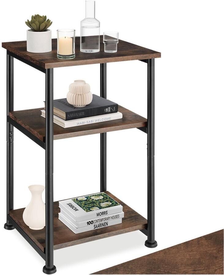Tectake Bijzettafel met 3 niveaus van hout Nachtkastje in industrieel design Voor woonkamer slaapkamer kantoor hal Zwart metalen frame Afmeting (LxBxH) 34 x 30 x 59 cm Donkerbruin - Foto 2