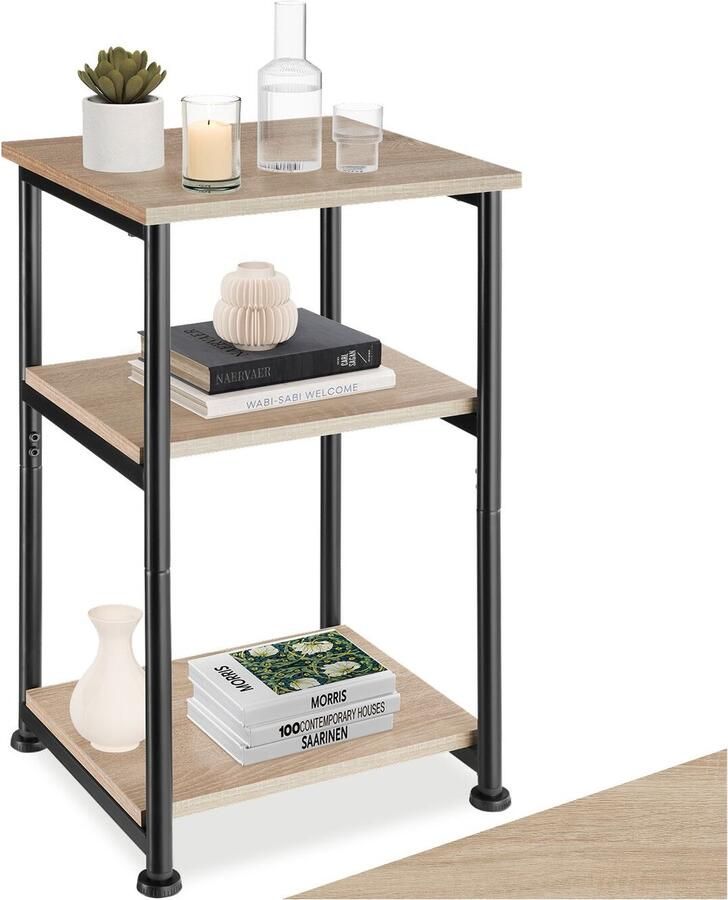 Tectake Bijzettafel met 3 niveaus van hout Nachtkastje in industrieel design Voor woonkamer slaapkamer kantoor hal Zwart metalen frame Afmeting (LxBxH) 34 x 30 x 59 cm Lichtbruin - Foto 2