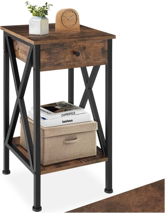 Tectake Bijzettafel met lade en 2 planken Nachtkastje in industrieel design Voor woonkamer slaapkamer kantoor hal Zwart metalen frame Afmeting (LxBxH) 35 x 35 x 70 5 cm Donkerbruin