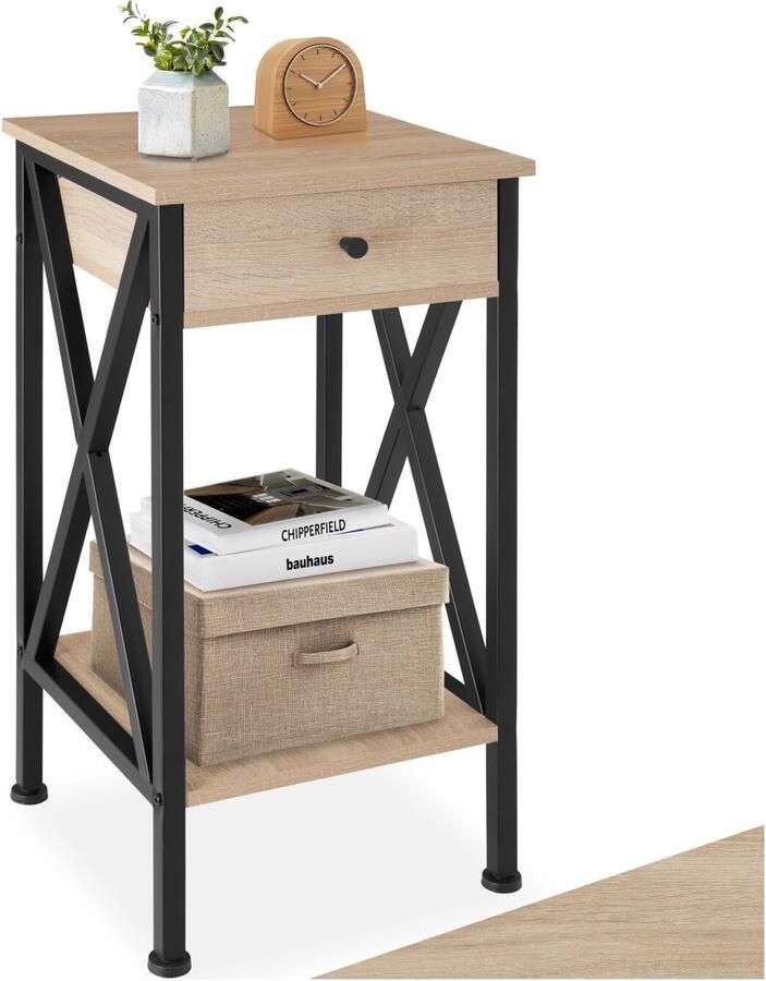 Tectake Bijzettafel met lade en 2 planken Nachtkastje in industrieel design Voor woonkamer slaapkamer kantoor hal Zwart metalen frame Afmeting (LxBxH) 35 x 35 x 70 5 cm Lichtbruin - Foto 2