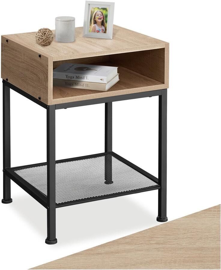Tectake Bijzettafel met open vak en roosterplank Nachtkastje in industrieel design Voor woonkamer slaapkamer kantoor hal Eenvoudige montage Zwart metalen frame Afmeting (LxBxH) 40 5 x 40 5 x 59 cm Lichtbruin