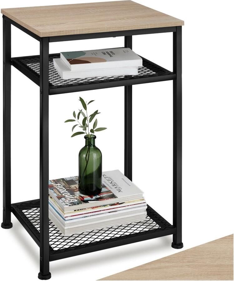 Tectake Bijzettafel van Hout en Metaal – Industrieel Design Salontafel met 3 Niveaus Inclusief 2 Roosterplanken Zwart Metalen Frame – Industrieel Licht Hout Sonoma Eiken