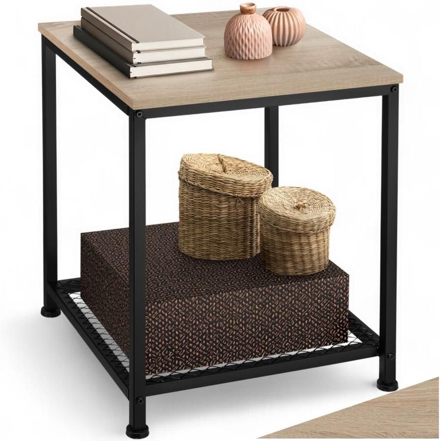 Tectake Bijzettafel van Hout en Metaal – Industrieel Design Salontafel met Twee Niveaus 45 5x45 5x55 5 cm Voor Woonkamer of Slaapkamer Zwart Metalen Frame – Industrial light