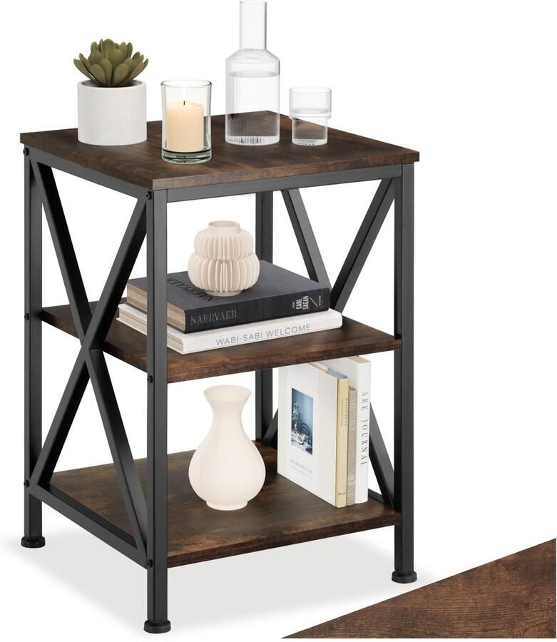 Tectake Bijzettafel van Hout en Metaal Nachtkastje met 3 Lagen en X-Vormige Stutten Industrieel Design Vintage Salontafel Zwart Metalen Frame (Industrieel Donkerbruin)