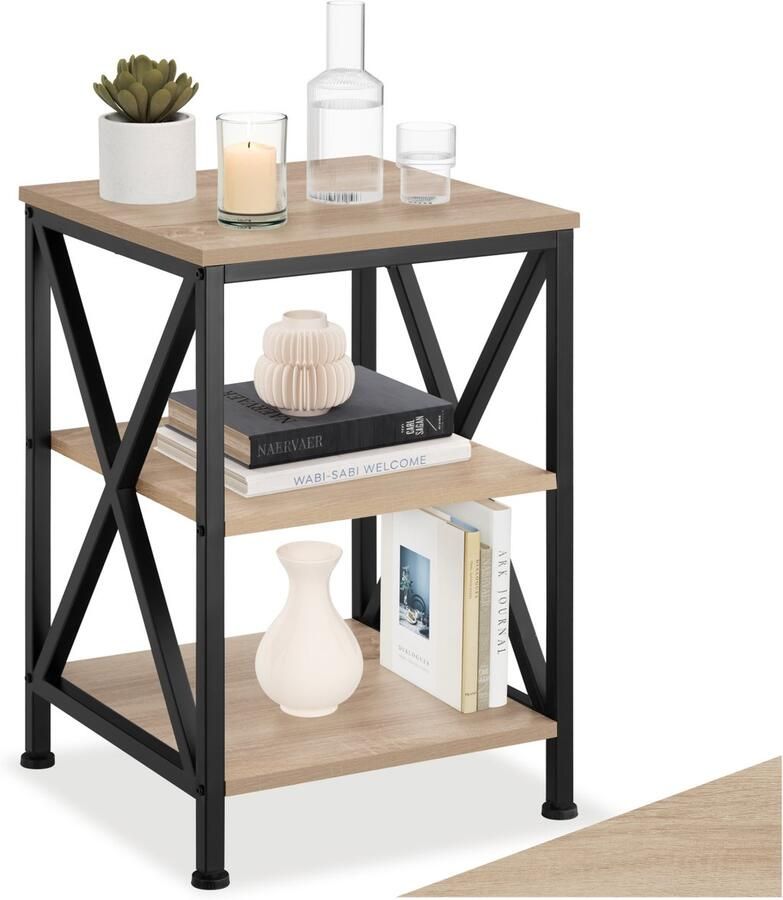 Tectake Bijzettafel van Hout en Metaal – Nachtkastje met 3 Niveaus X-Vormige Spijlen Industrieel Design Vintage Salontafel Zwart Metalen Frame – Licht Sonoma Eiken
