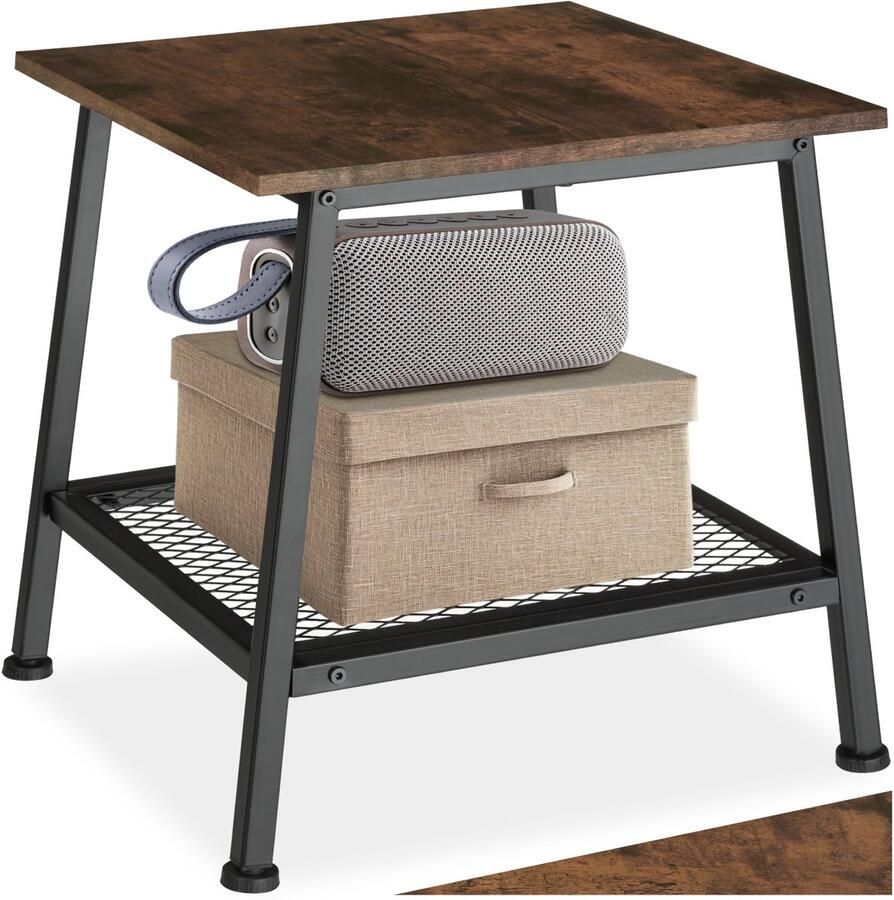 Tectake Bijzettafel van Hout en Metaal Nachtkastje met Roosterplank in het Onderste Gedeelte Industrieel Design Afmetingen 45 5 x 45 x 47 cm Zwart Metalen Frame (Industrieel Donkerbruin) - Foto 2
