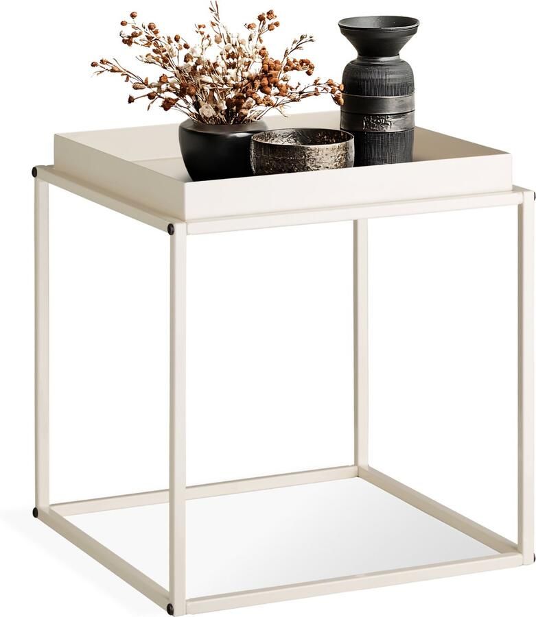 Tectake Bijzettafel van Metaal Vierkant Stapelbaar Plank met Hoge Rand Dienbladtafel in Retro-Look 40 x 40 x 44 cm (Crème Nr. 404184)