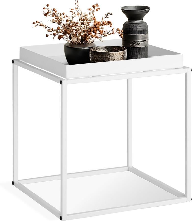 Tectake Bijzettafel van Metaal Vierkant Stapelbaar Plank met Hoge Rand Dienbladtafel in Retro-Look 40 x 40 x 44 cm (Wit Nr. 404183)