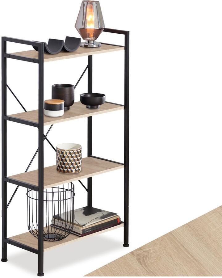 Tectake Boekenkast met 4 Niveaus Stevige Staande Plank in Industrieel Design Zwart Metalen Frame Vintage Houten Plank 67 5 x 31 5 x 121 5 cm (Licht Hout Sonoma Eiken)