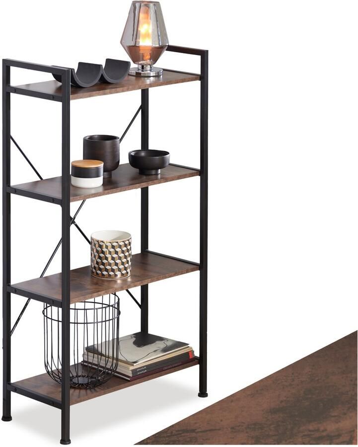 Tectake Boekenkast met 4 Niveaus Stevige Staande Plank in Industrieel Design Zwart Metalen Frame Vintage Houten Plank 67 5 x 31 5 x 121 5 cm (donkerbruin)