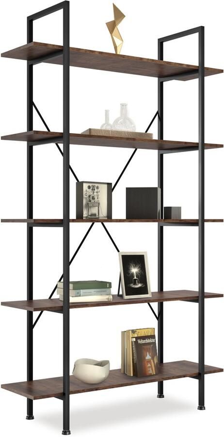 Tectake Boekenkast met 5 planken Rek voor boeken ornamenten bloemen CD's foto's Vintage ontwerp van hout en metaal donkerbruin 106 x 34 5 x 179 5 cm - Foto 2