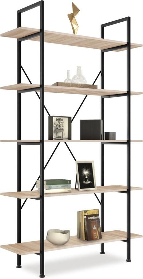 Tectake Boekenkast met 5 planken Rek voor boeken ornamenten bloemen CD's foto's Vintage ontwerp van hout en metaal lichtbruin - Foto 2