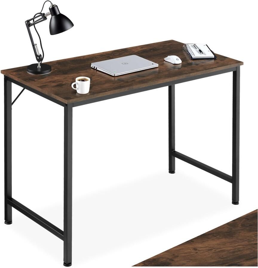 Tectake Bureau slank computerbureau 80 100 120 140 cm kleine kantoortafel in industrieel ontwerp voor thuiskantoor hout zwart metalen frame (donkerbruin 100 cm)