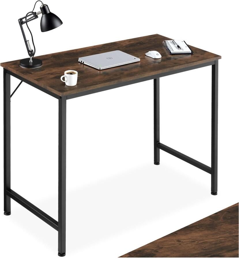 Tectake Bureau slank computerbureau 80 100 120 140 cm kleine kantoortafel in industrieel ontwerp voor thuiskantoor hout zwart metalen frame (industrieel donkerbruin 80 cm)