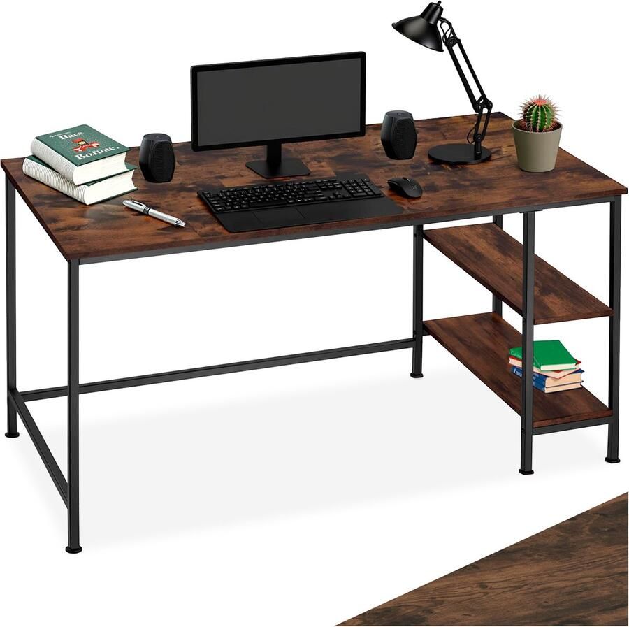 Tectake Bureau Computerbureau met 2 planken Bureautafel van hout en metaal Industrieel design Zwart metalen frame Draagkracht bureaublad 200 kg en per plank 25 kg Afmetingen (LxBxH) 140 x 60 x 76 5 cm Donkerbruin