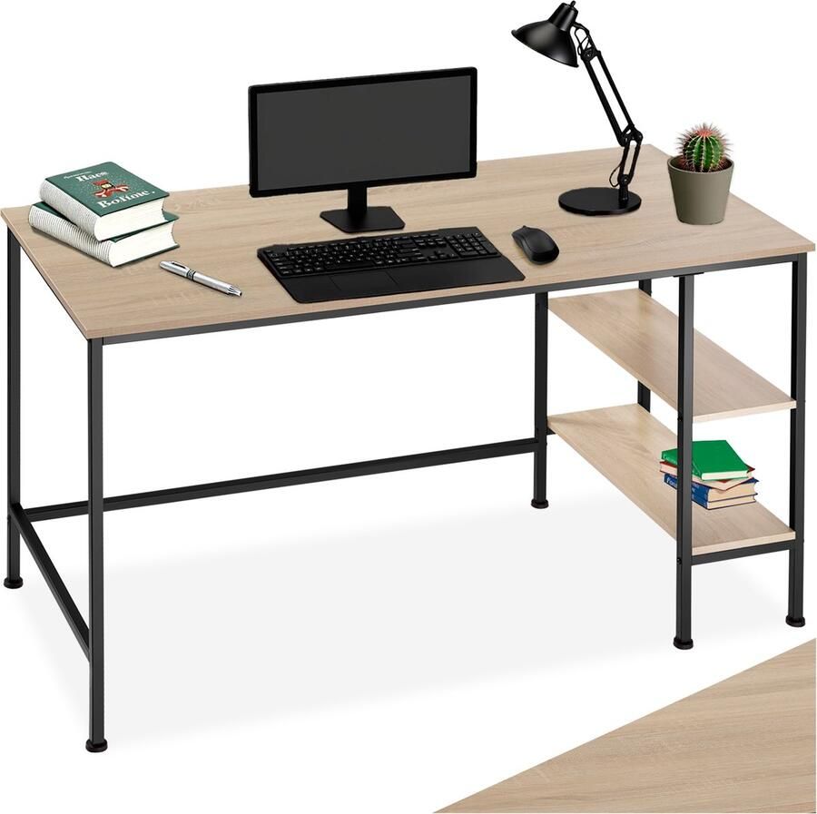 Tectake Bureau Computerbureau met 2 planken Bureautafel van hout en metaal Industrieel design Zwart metalen frame Draagkracht bureaublad 200 kg en per plank 25 kg Afmetingen (LxBxH) 140 x 60 x 76 5 cm Lichtbruin