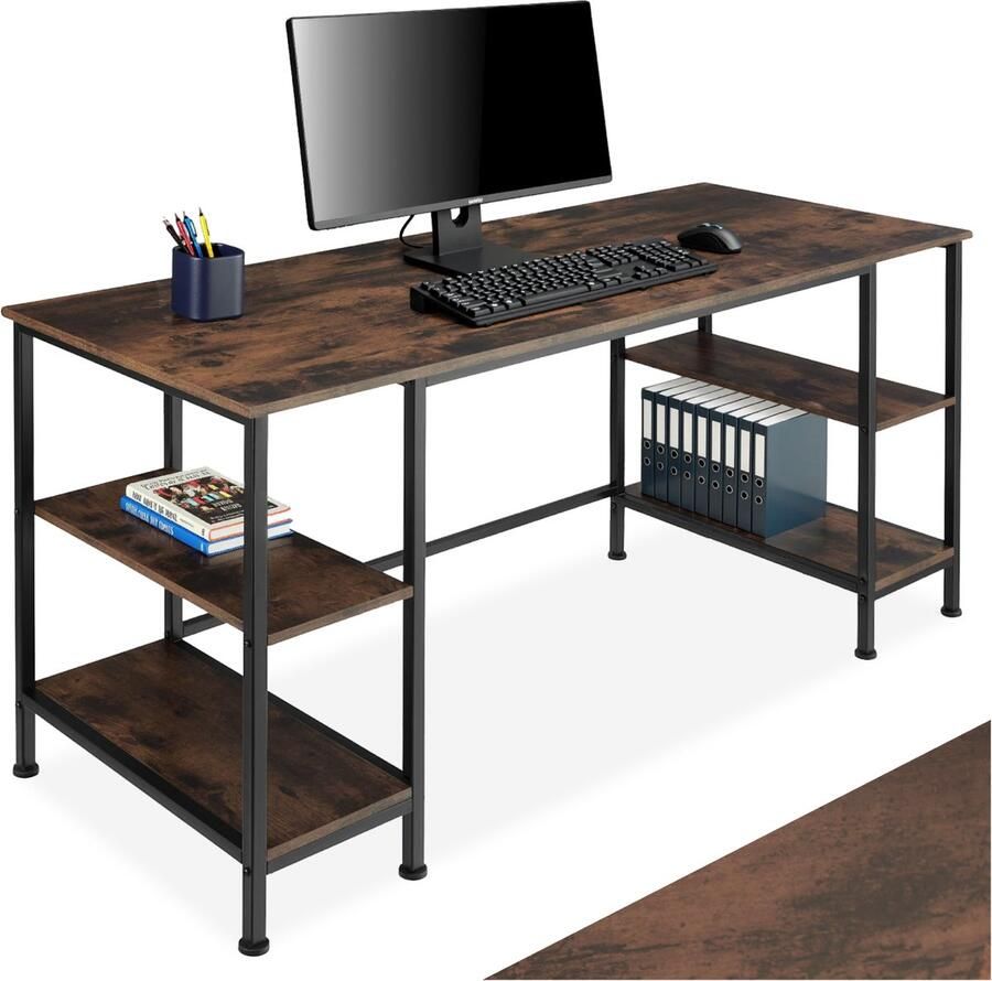 Tectake Bureau Computerbureau met 4 planken Bureautafel van hout en metaal Industrieel design Zwart metalen frame Draagkracht bureaublad 150 kg per plank 50 kg Afmetingen (LxBxH) 137 x 55 x 75 cm Donkerbruin