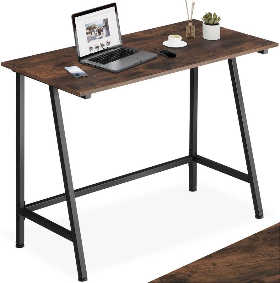 Tectake Bureau Klein computerbureau Bureautafel van hout en metaal Voor woonkamer of studeerkamer Industrieel design Zwart metalen frame Afmetingen (LxBxH) 100 x 50 x 77 cm Donkerbruin