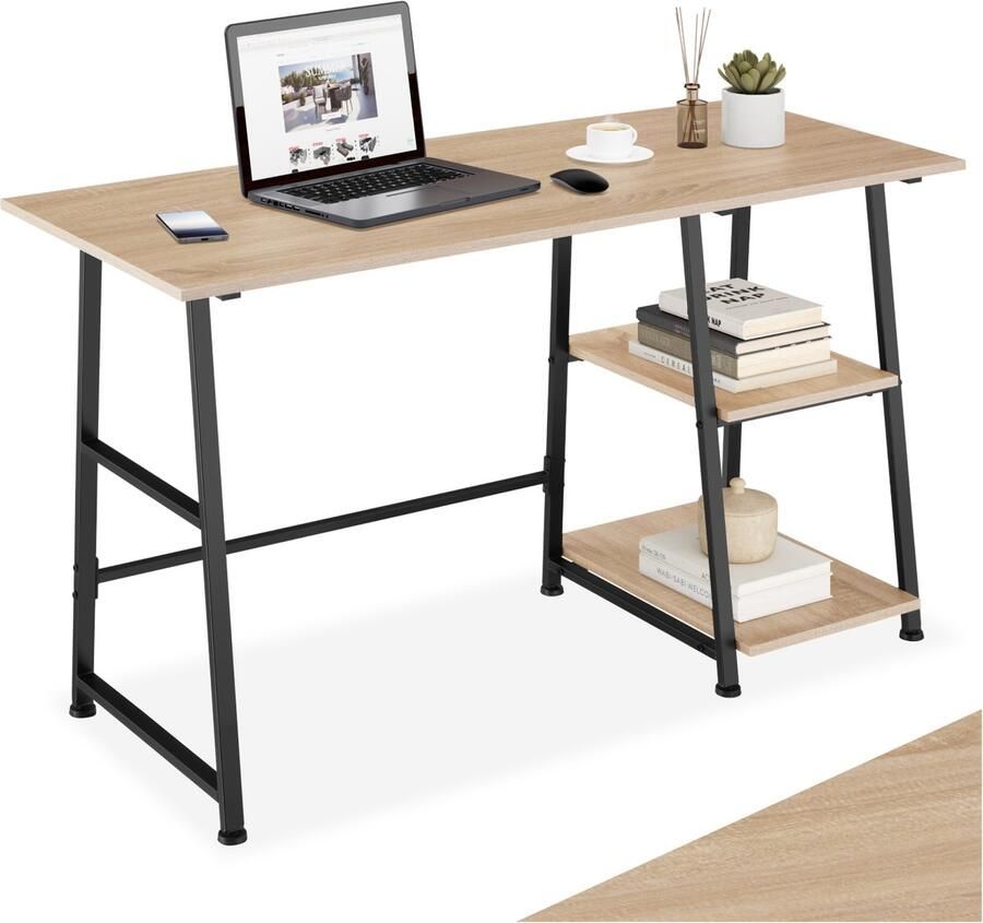 Tectake Bureau met 2 Planken 120 x 50 x 73 5 cm Industrieel Design Computerbureau met Zijplank en Twee Houten Vakken Zwart Metalen Frame (Industrieel lichtbruin )