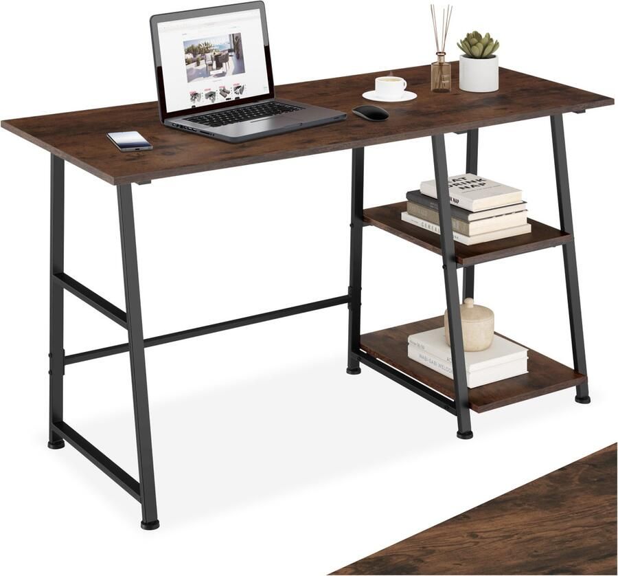 Tectake Bureau met 2 planken Bureautafel Computerbureau Houten bureaublad Industrieel design Zwart metalen frame Afmetingen (LxBxH) 120 x 50 x 73 5 cm Donkerbruin