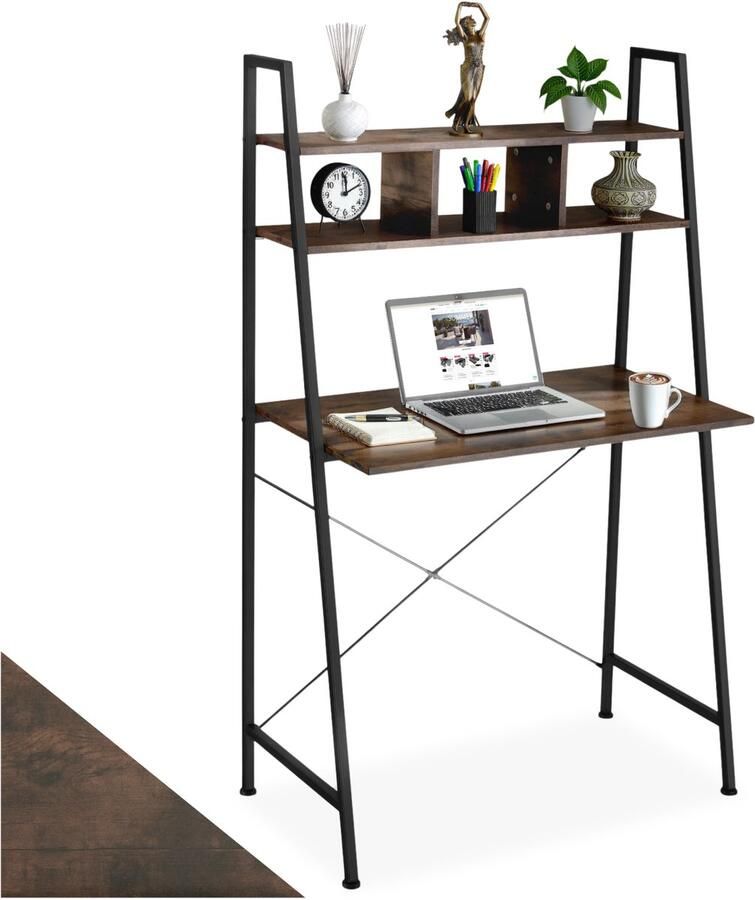 Tectake Bureau met Plank Bureautafel in Industrieel Design 85 5 x 46 5 x 140 cm Computerbureau met 3 Opbergvakken en Houten Plank Zwart Metalen Frame (Industrieel Donkerbruin)