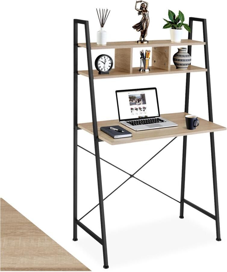 Tectake Bureau met Plank Bureautafel in Industrieel Design 85 5 x 46 5 x 140 cm Computerbureau met 3 Opbergvakken en Houten Plank Zwart Metalen Frame (Industrieel lichtbruin )