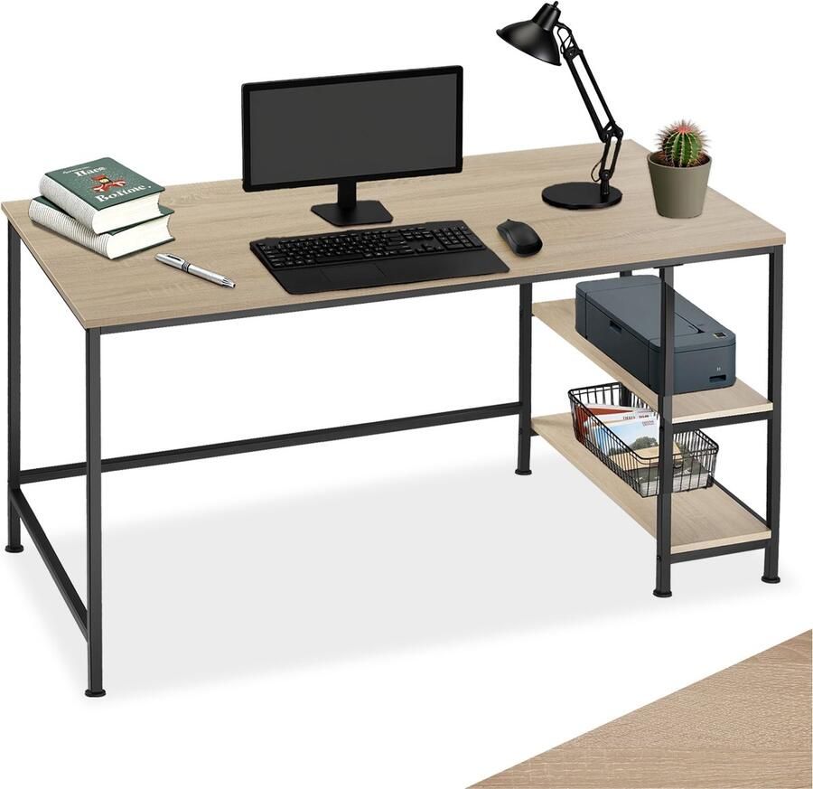 Tectake Bureau met bergruimte Computerbureau met 2 planken Bureautafel van hout en metaal Industrieel design Zwart metalen frame Afmetingen (LxBxH) 120 x 60 x 75 5 Lichtbruin