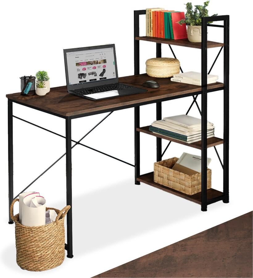 Tectake Bureau met Plank Afmetingen 122 x 61 x 120 cm Computerbureau in Industrieel Design met 3 Planken Bureautafel van Hout en Metaal Zwart Metalen Frame (Industrieel Donkerbruin)